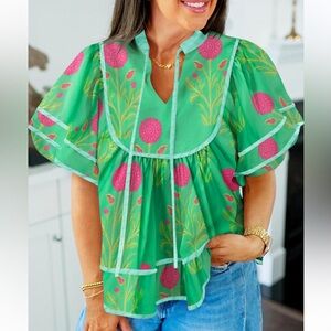 Boutique Green Floral Babydoll Blouse XL Tiered Flutter Sleeves